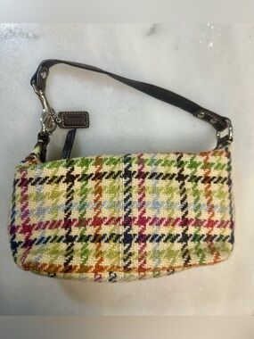 Rare Vintage Coach Y2K Plaid Tweed Mini Handbag W Brown Leather GENTLY USED